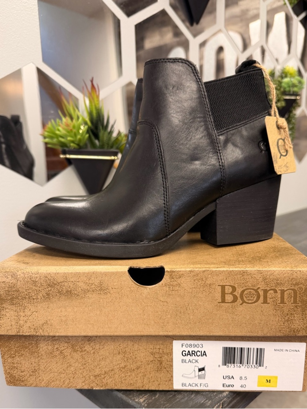 Born Black Leather Garcia  Ankle Boot with Block Heel